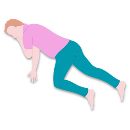 A person laying on their side with their top leg bent and one arm under their head.